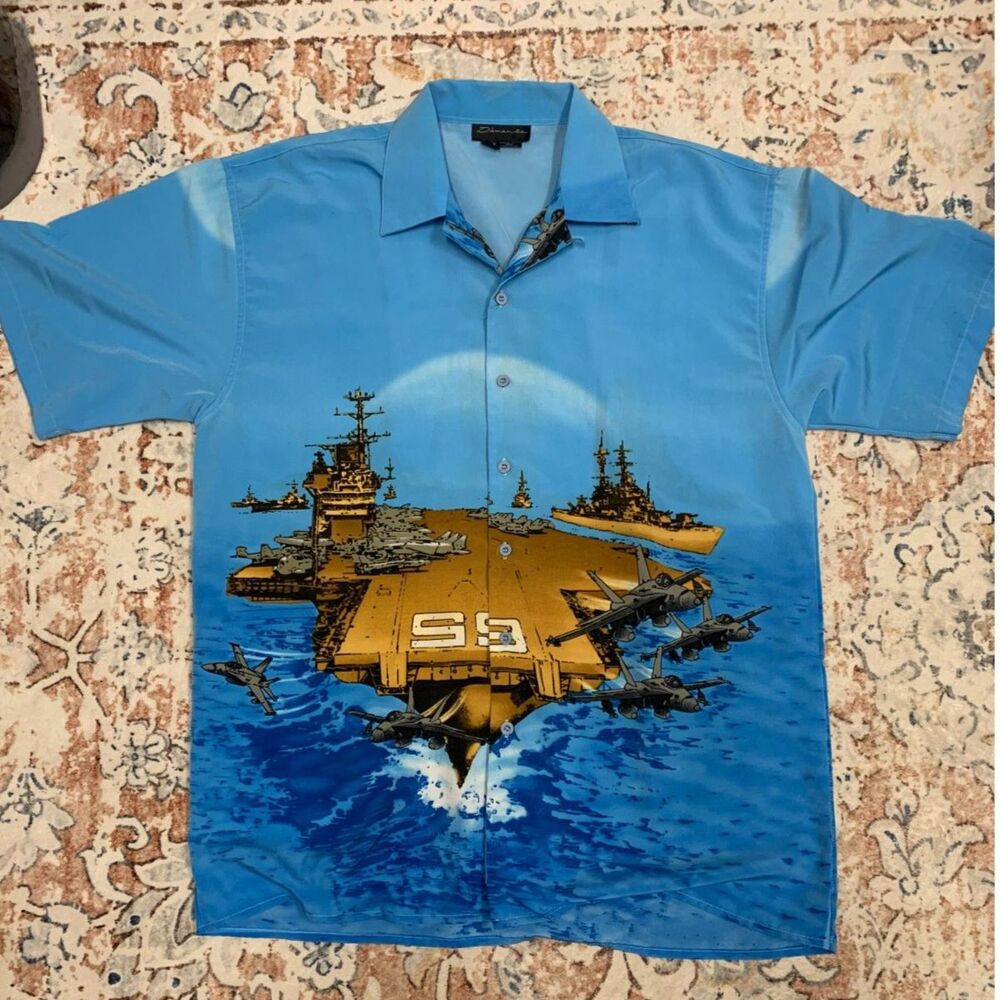 VTG Mens D'amante Casual Shirt Aircraft Carrier Fighter‎ Jets Blue XL